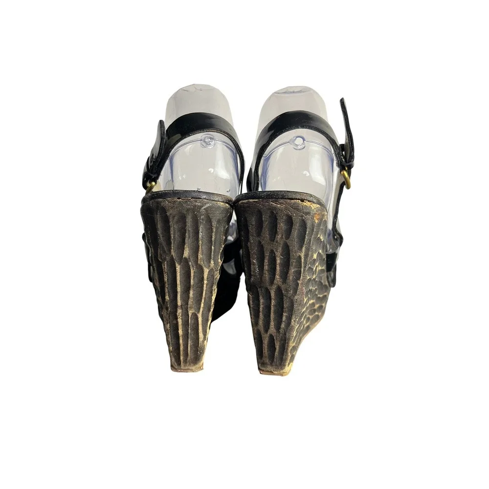 Miu Miu Sandals 10.5 IT 40.5 Boho Chic Patent Leather Carved Wood Wedge Platform